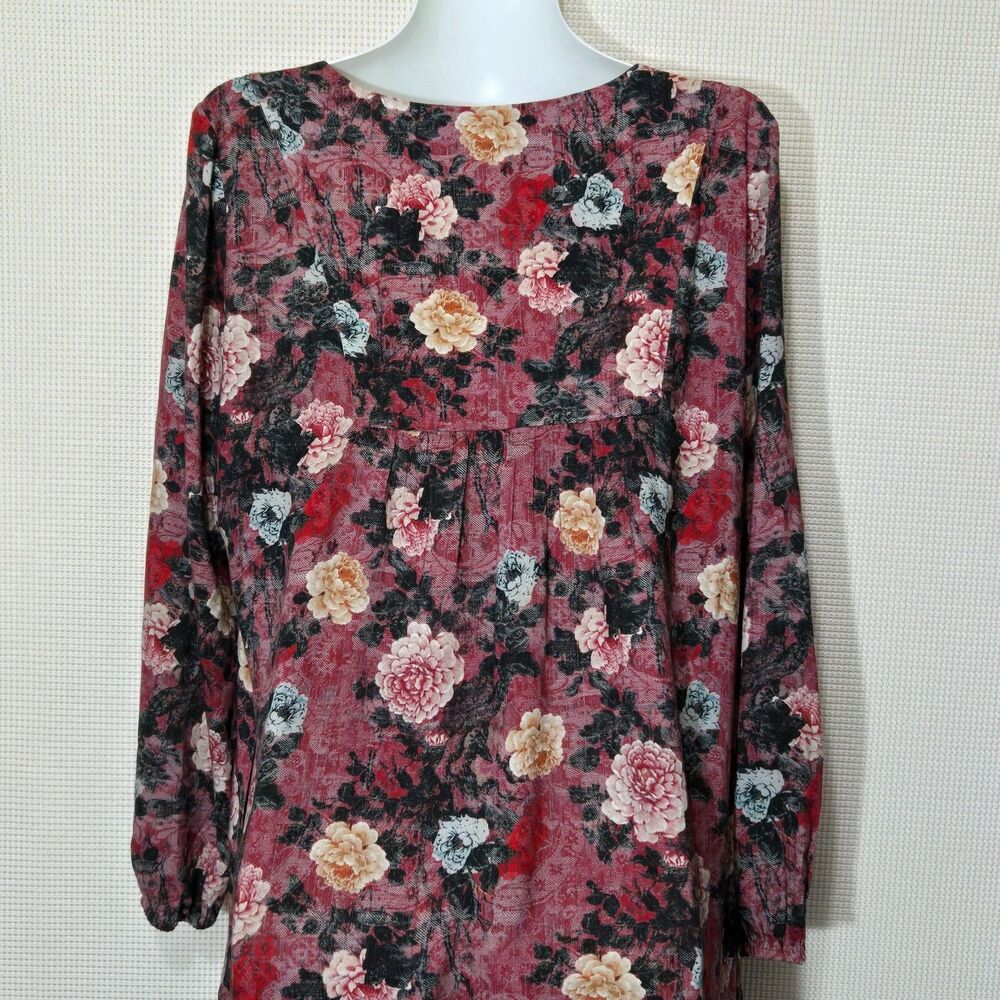 Peruvian Connection Dress Womens Medium Red Floral Lace Up Pockets Tunic - Picture 7 of 10